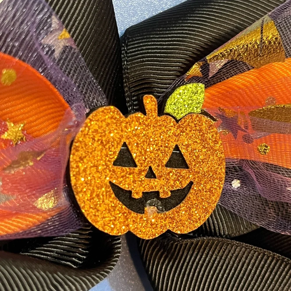 🎃 NEW Halloween Hair Bow – Glitter Jack-o-Lantern – Black & Orange Ribbon